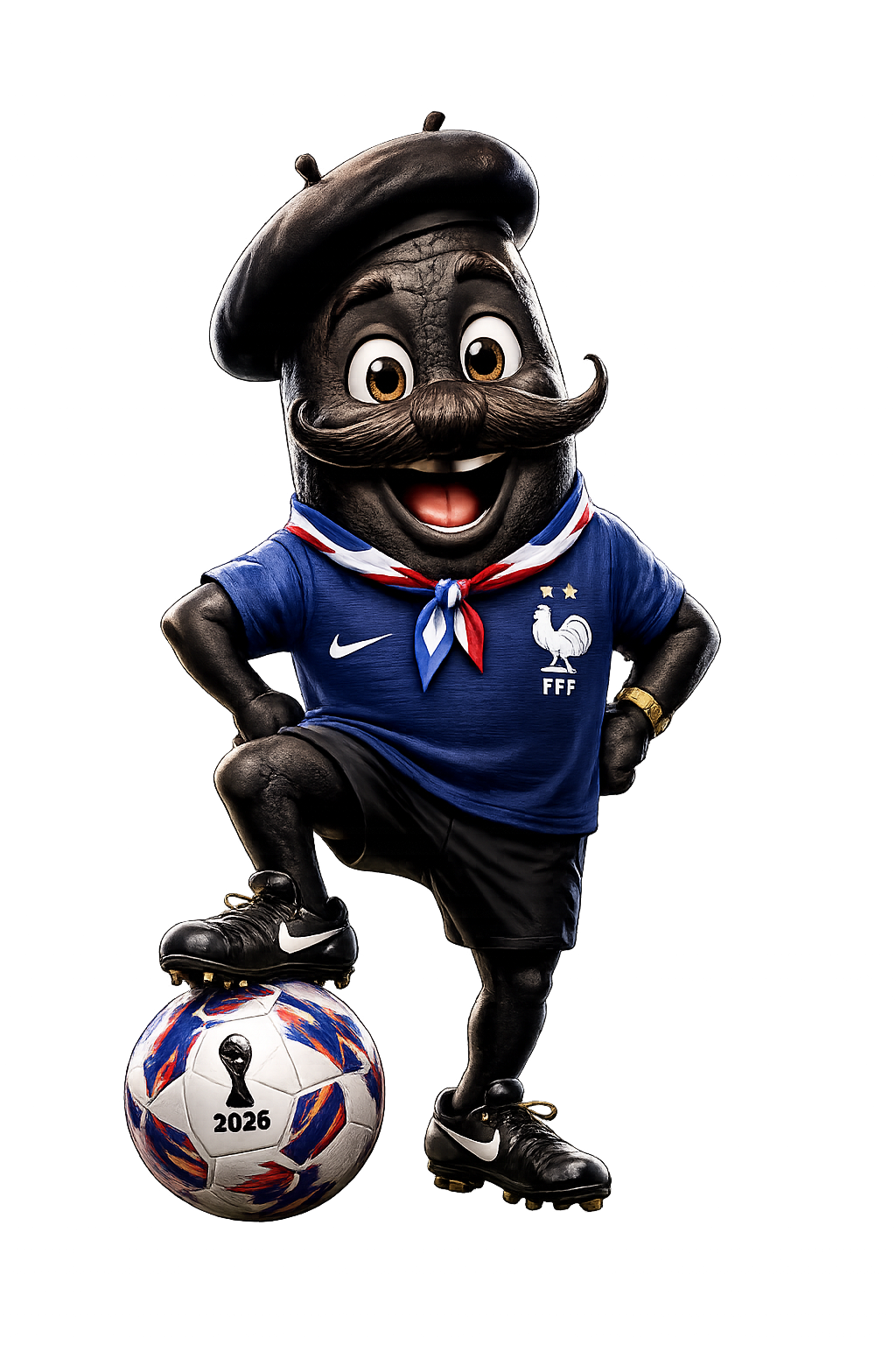 Mbaguette mascot — a baguette wearing a France jersey and beret